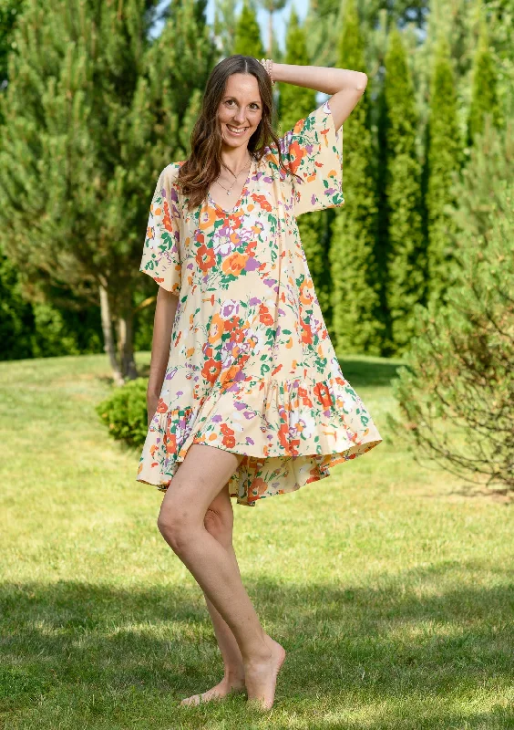 Mini dresses with halter necks for a stylish choiceAmi Orange Mix Flowers Dress