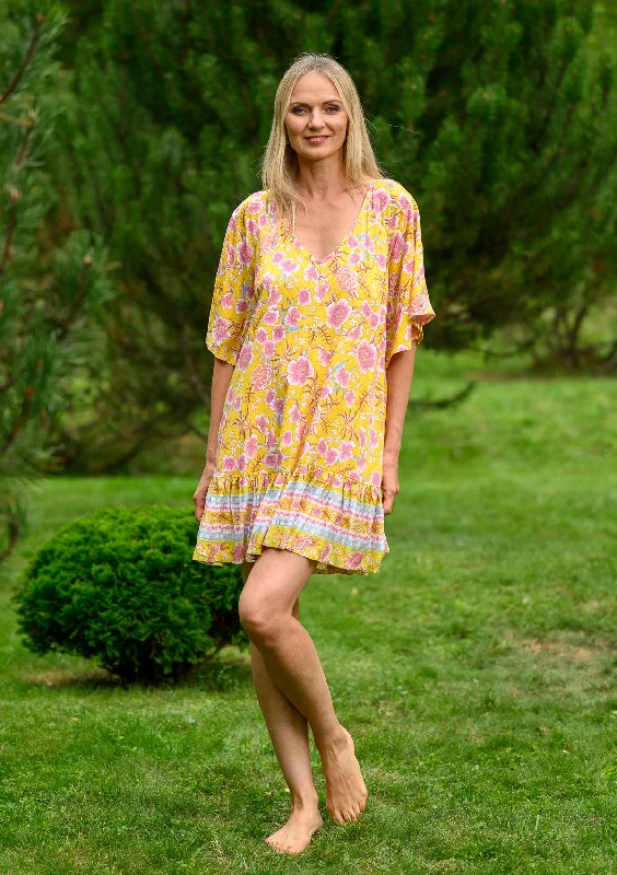 Sheer mini dresses with lace insertsAmi Yellow Dress