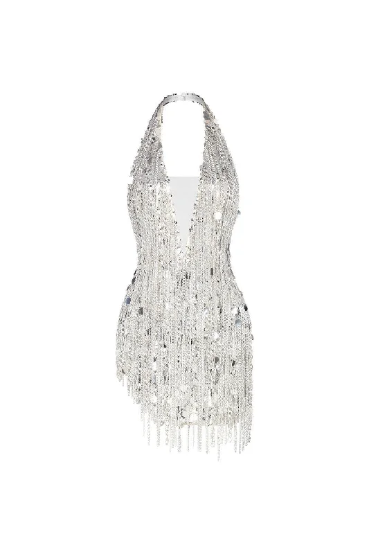 Mini dresses with tiered skirts for added volumeArlette Halter Sleeveless Mesh Sequin Mini Dress