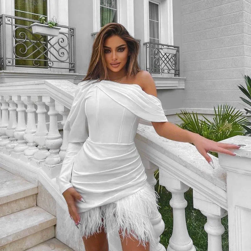 Mini dresses with off - the - shoulder stylesBerryBetty - Puff Sleeve One Shoulder Corset Mini Dress - White Mini dresses with off - the - shoulder stylesBerryBetty - Puff Sleeve One Shoulder Corset Mini Dress - White