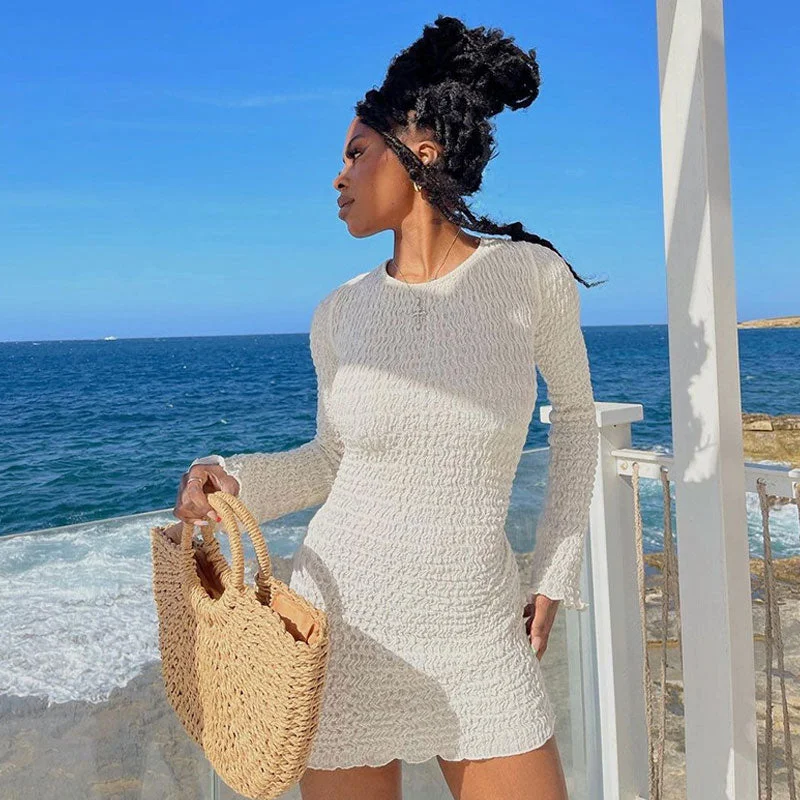 Mini dresses with keyhole necklinesBerryBetty - Beach Vacation Smocked Crew Neck Long Sleeve Tie Back Mini Dress - White Mini dresses with keyhole necklinesBerryBetty - Beach Vacation Smocked Crew Neck Long Sleeve Tie Back Mini Dress - White