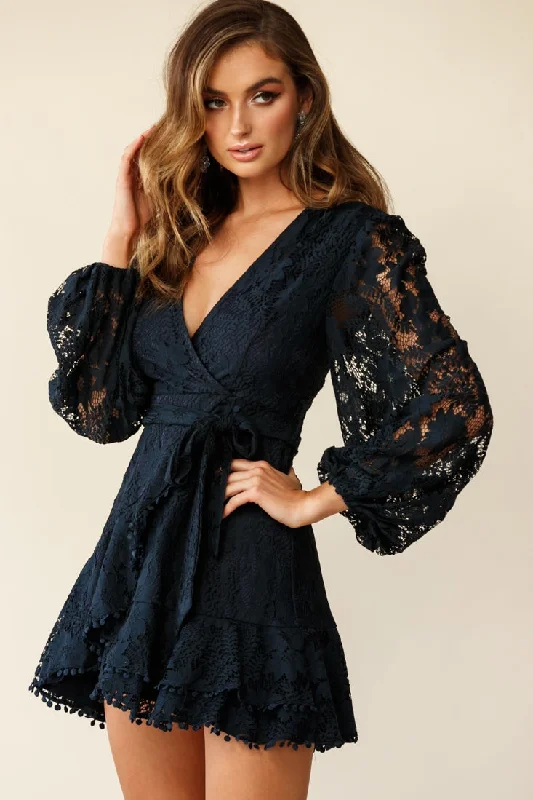 Mini dresses with bow accents for a sweet lookCami Balloon Sleeve Faux Wrap Dress Lace Navy Mini dresses with bow accents for a sweet lookCami Balloon Sleeve Faux Wrap Dress Lace Navy
