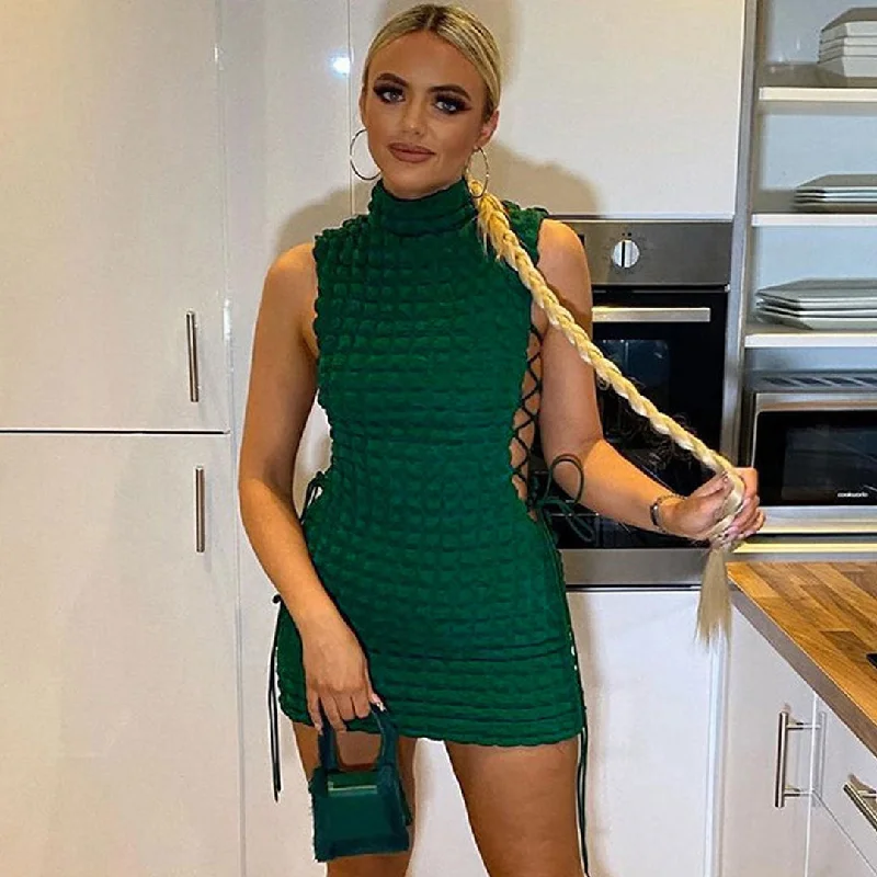 Mini dresses with side slits for a sexy appealBerryBetty - Check Effect Mock Neck Lace Up Cutout Club Mini Dress - Emerald Green Mini dresses with side slits for a sexy appealBerryBetty - Check Effect Mock Neck Lace Up Cutout Club Mini Dress - Emerald Green