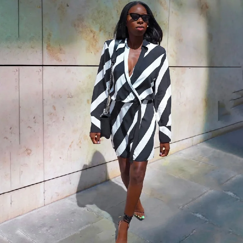 Metallic mini dresses for a glamorous eventBerryBetty - Diagonal Stripe Print Shoulder Pad Deep V Wrap Mini Dress - Black Metallic mini dresses for a glamorous eventBerryBetty - Diagonal Stripe Print Shoulder Pad Deep V Wrap Mini Dress - Black