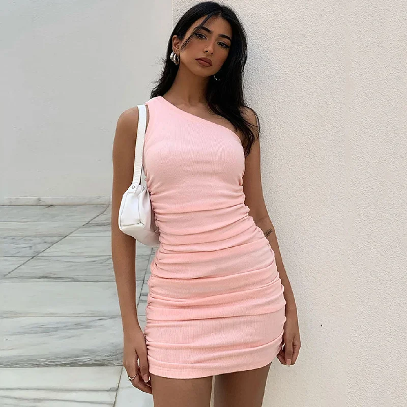 Mini dresses with high - low hems for a modern twistBerryBetty - One Shoulder Sleeveless Ribbed Bodycon Ruched Mini Dress - Pink Mini dresses with high - low hems for a modern twistBerryBetty - One Shoulder Sleeveless Ribbed Bodycon Ruched Mini Dress - Pink