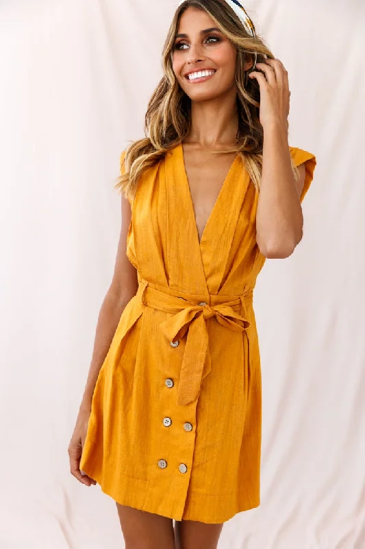 Denim mini dresses with distressed detailsClementine V-Neck Placket Dress Sunset