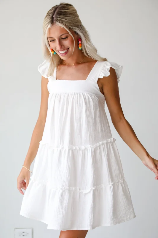 Mini dresses with off - the - shoulder stylesFINAL SALE - Cultivated Cuteness White Linen Tiered Mini Dress