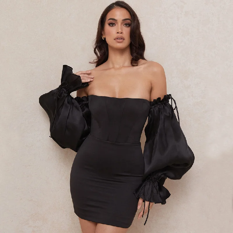 Leather mini dresses for a edgy styleBerryBetty - Cute Off Shoulder Puff Sleeve Bodycon Party Mini Dress - Black Leather mini dresses for a edgy styleBerryBetty - Cute Off Shoulder Puff Sleeve Bodycon Party Mini Dress - Black