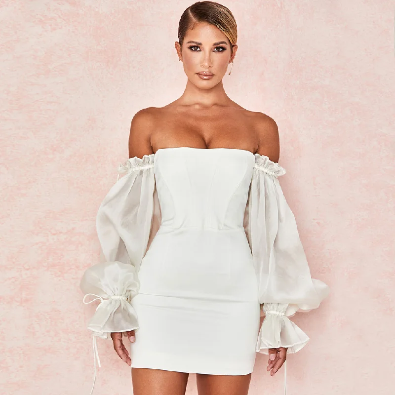 Satin mini dresses for a luxurious feelBerryBetty - Cute Off Shoulder Puff Sleeve Bodycon Party Mini Dress - White Satin mini dresses for a luxurious feelBerryBetty - Cute Off Shoulder Puff Sleeve Bodycon Party Mini Dress - White
