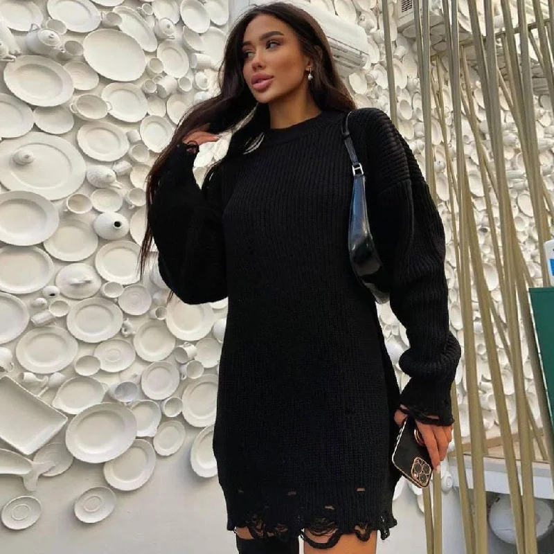 Printed mini dresses for a casual day outBerryBetty - Distressed Trim Pullover Sweater Mini Dress - Black Printed mini dresses for a casual day outBerryBetty - Distressed Trim Pullover Sweater Mini Dress - Black