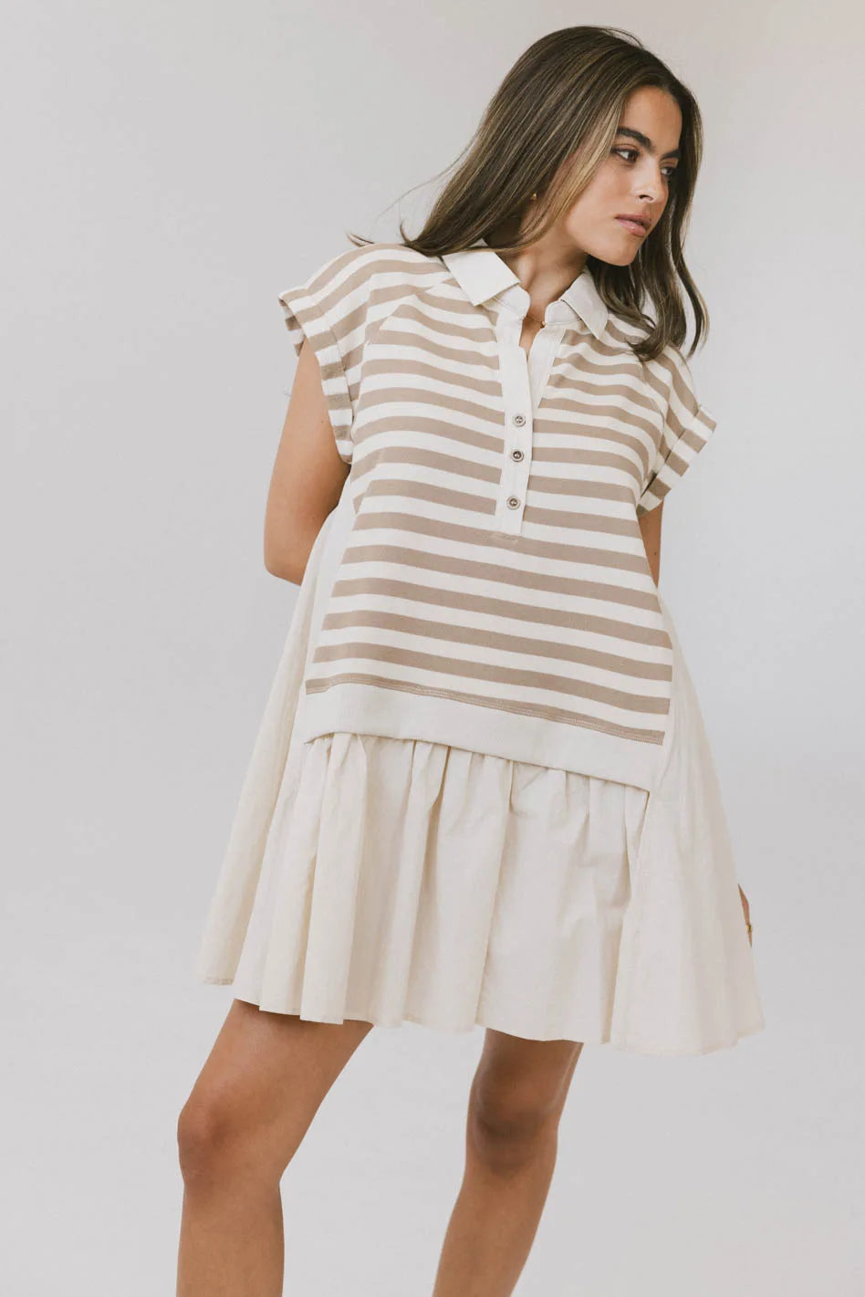 Mini dresses with criss - cross backs for a flirty lookEvan Collared Mini Dress in Taupe