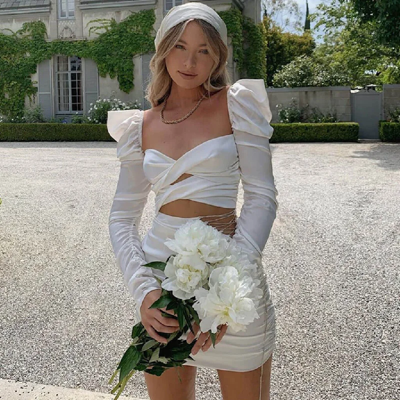 Mini dresses with gathered skirts for a voluminous effectBerryBetty - Cut Out Puff Sleeve Lace Up Rhinestone Satin Mini Dress - White Mini dresses with gathered skirts for a voluminous effectBerryBetty - Cut Out Puff Sleeve Lace Up Rhinestone Satin Mini Dress - White