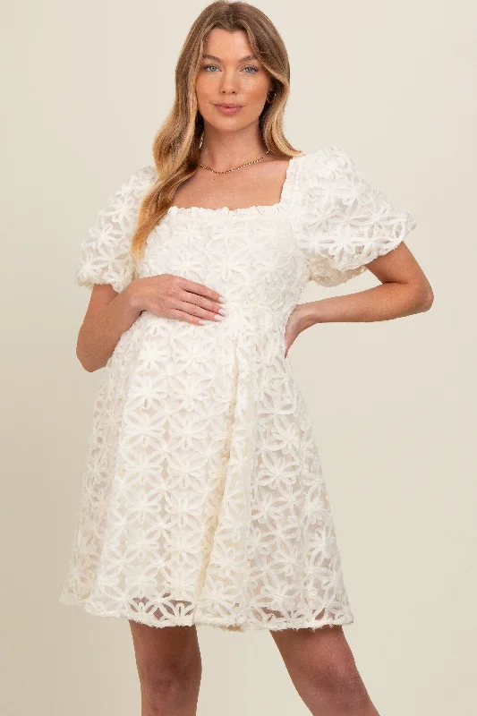 Sheer mini dresses with lace insertsIvory Floral Mesh Lace Puff Sleeve Maternity Dress