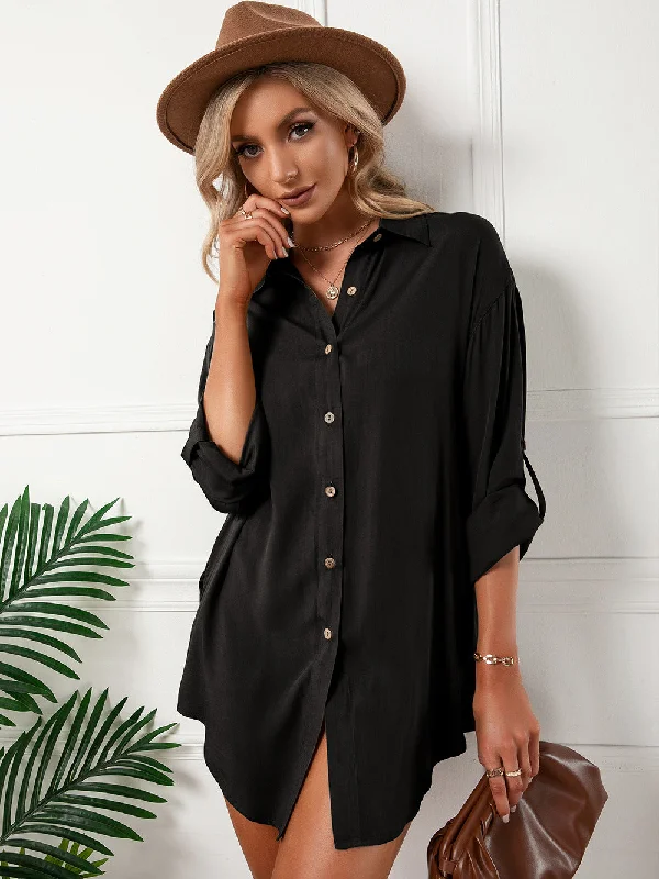 Mini dresses with keyhole necklinesJeanette Button Down Tunic Top - Black