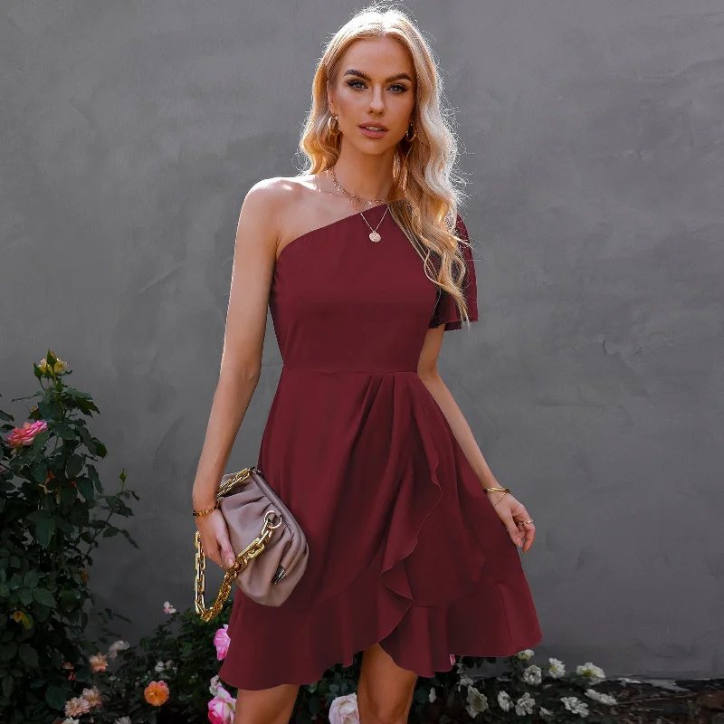 Strapless mini dresses for a beach vacationKaine Satin One Shoulder Ruffle Dress - Red - FINAL SALE Strapless mini dresses for a beach vacationKaine Satin One Shoulder Ruffle Dress - Red - FINAL SALE