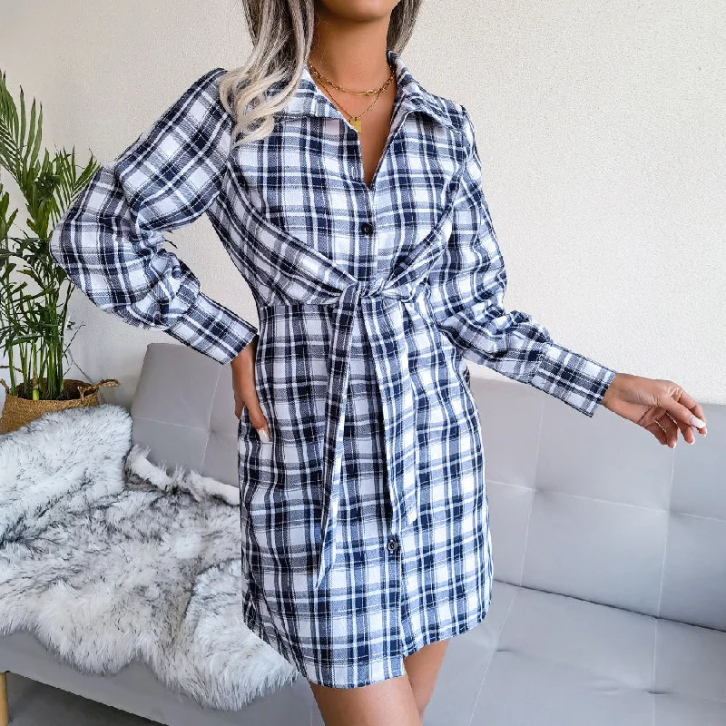 Mini dresses with one - shoulder designsKlay Cotton Plaid Button Down Shirt Dress - Blue - FINAL SALE