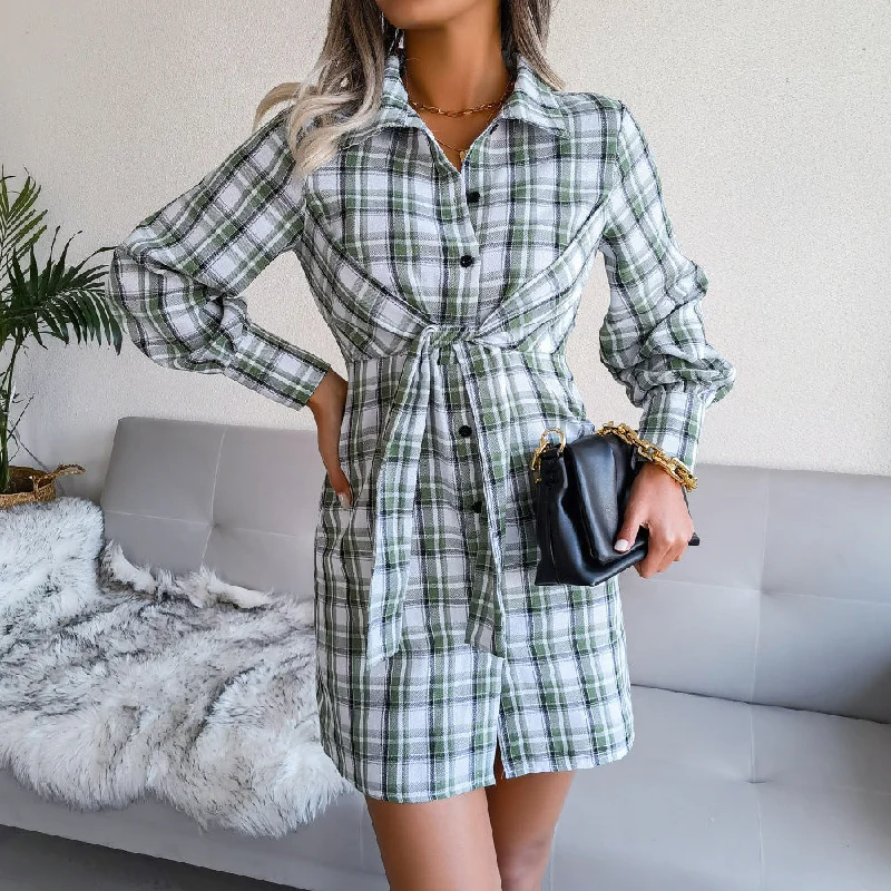 Mini dresses with criss - cross backs for a flirty lookKlay Cotton Plaid Button Down Shirt Dress - Green