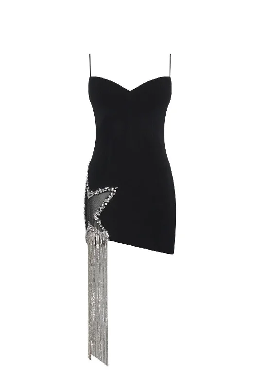 Mini dresses with tassel accents for a fun touchLorela Asymmetric Semi-Heart Neck Crepe Mini Dress