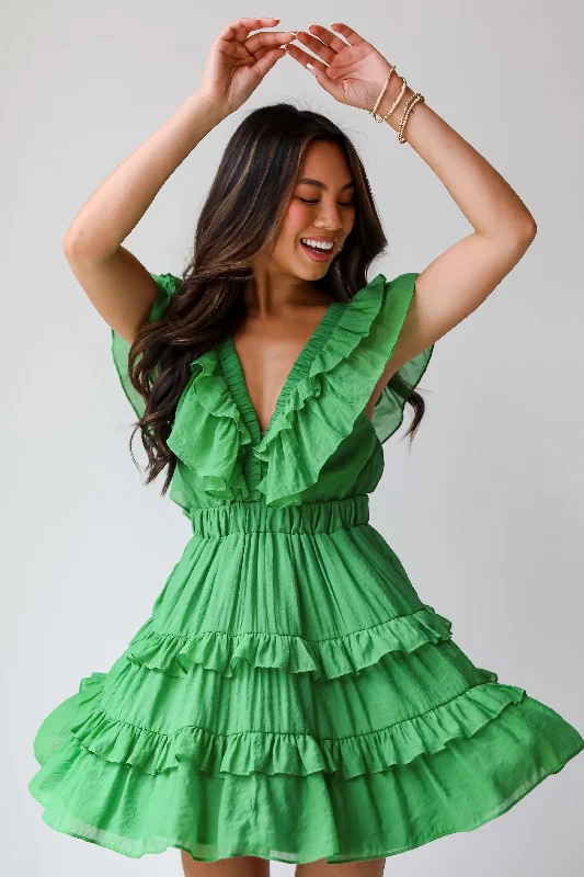 Mini dresses with pocket details for added functionalityFINAL SALE - Marvelous Time Green Ruffle Mini Dress