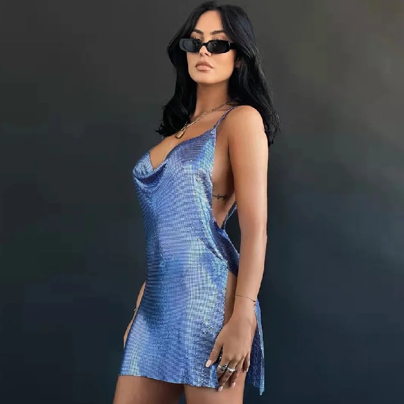 Mini dresses with pom - pom trims for a playful feelBerryBetty - Cowl Neck High Slit Club Mini Dress - Royal Blue Mini dresses with pom - pom trims for a playful feelBerryBetty - Cowl Neck High Slit Club Mini Dress - Royal Blue