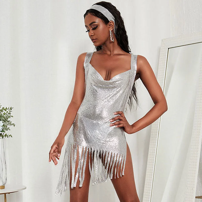 Strapless mini dresses for a beach vacationBerryBetty - High Slit Sleeveless Mini Dress - Silver Strapless mini dresses for a beach vacationBerryBetty - High Slit Sleeveless Mini Dress - Silver
