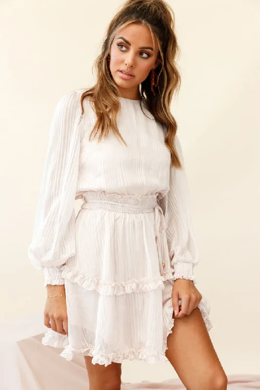 Mini dresses with polka dot patternsMildred Long Sleeve Shirred Waist Frill Dress Nude Mini dresses with polka dot patternsMildred Long Sleeve Shirred Waist Frill Dress Nude