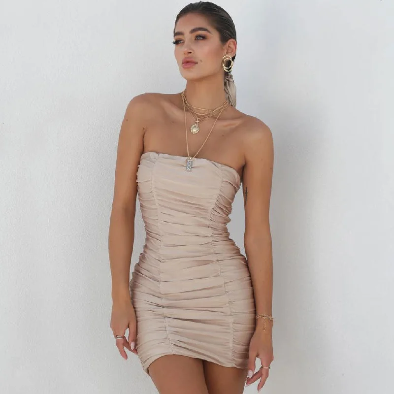 Metallic mini dresses for a glamorous eventBerryBetty - Strapless Ruched Bodycon Party Mini Dress - Khaki Metallic mini dresses for a glamorous eventBerryBetty - Strapless Ruched Bodycon Party Mini Dress - Khaki