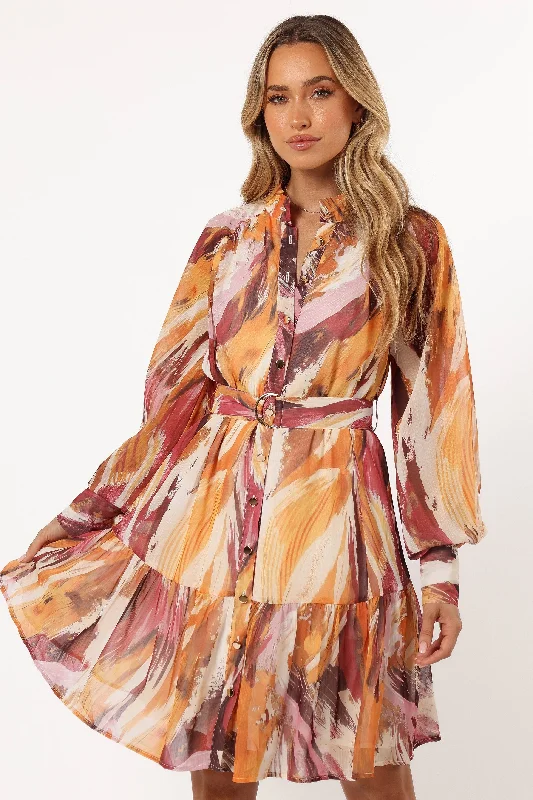 Mini dresses with abstract prints for an artistic lookQuinn Long Sleeve Mini Dress - Warm Multi Mini dresses with abstract prints for an artistic lookQuinn Long Sleeve Mini Dress - Warm Multi
