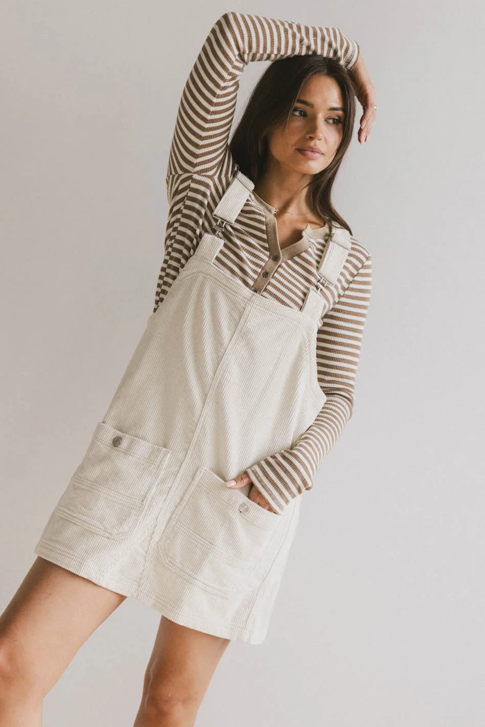 Sheer mini dresses with lace insertsReid Corduroy Overall Dress in Ivory