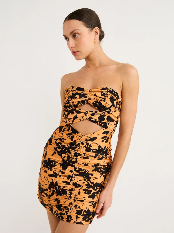 Mini dresses with ribbed textures for a unique appearanceShona Joy Solare Mini Strapless Cut Out Ruched Dress in Tangerine/Black