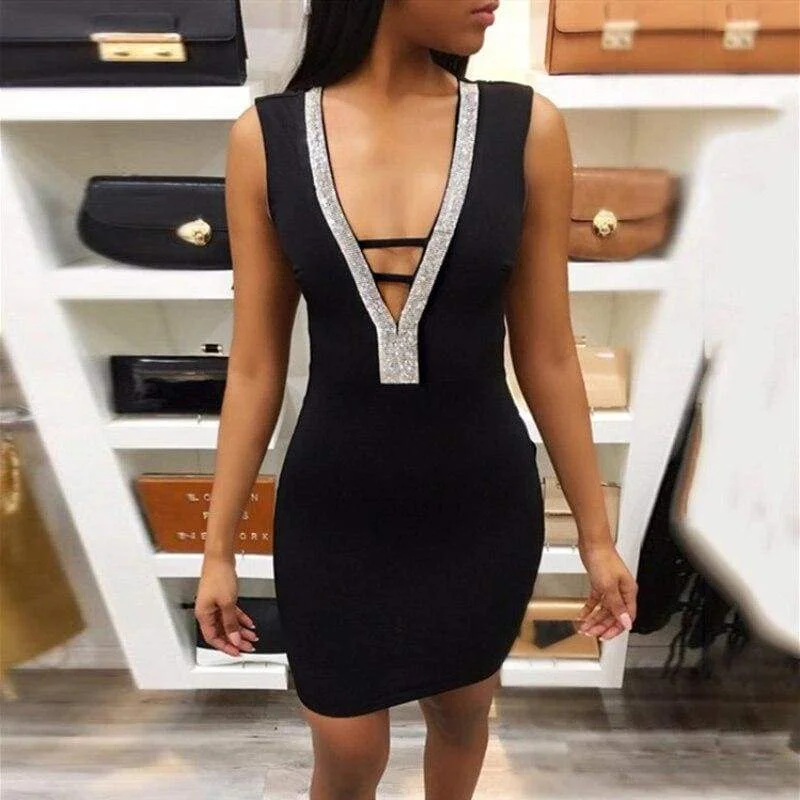 Mini dresses with keyhole necklinesFashionSierra - Women Deep V- Neck Sequin Bandage Bodycon Dress Summer Sexy Ladies Backless Party Short Slim Fit Mini Dresses