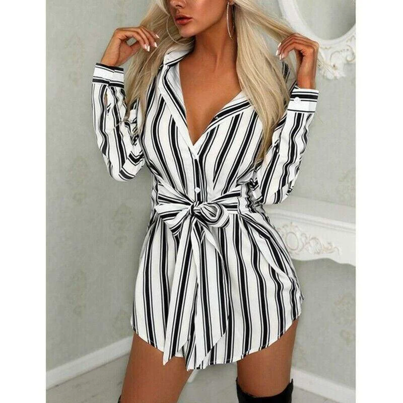 Mini dresses with ribbed textures for a unique appearanceFashionSierra - Women Fashion Long Shirt Dress Ladies V-neck Striped Print Casual Summer Mini Dress Short Mini Dress