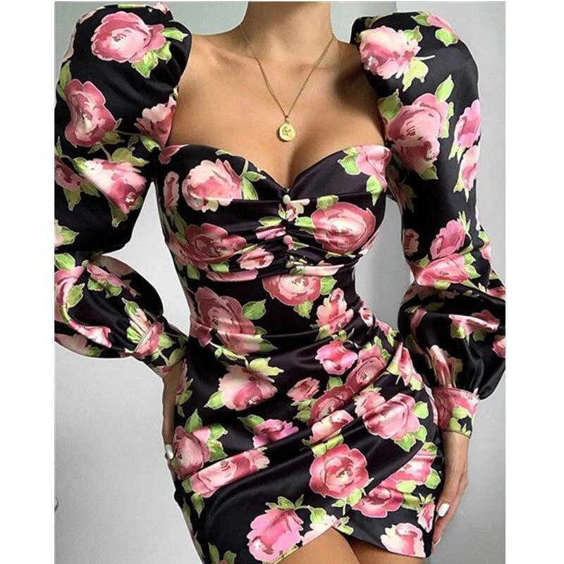 Mini dresses with mesh panels for a sexy and trendy lookFashionSierra - Women Floral Print Long Sleeve Party Mini Dress Sexy Sheath Club Wear Slash Neck Dresses