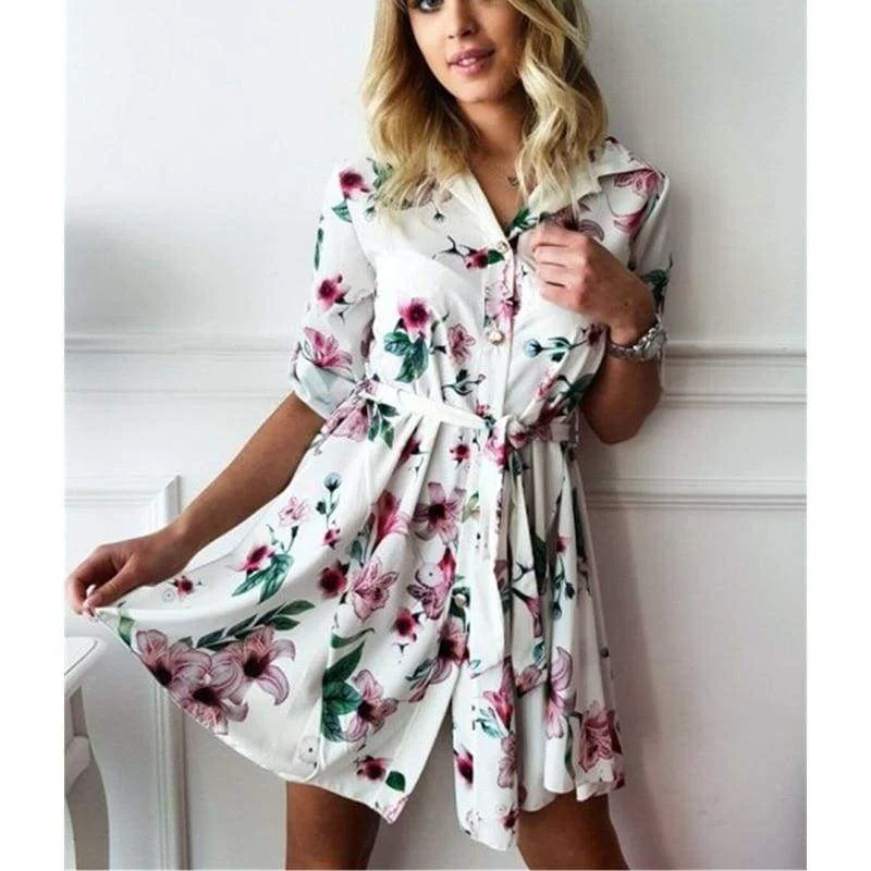 Mini dresses with button - down frontsFashionSierra - Women High Waist Floral T Shirt Dress Elegant Long Sleeve V Neck Mini Dress Ladies Casual Wrap Tunic Sundress Streetwear