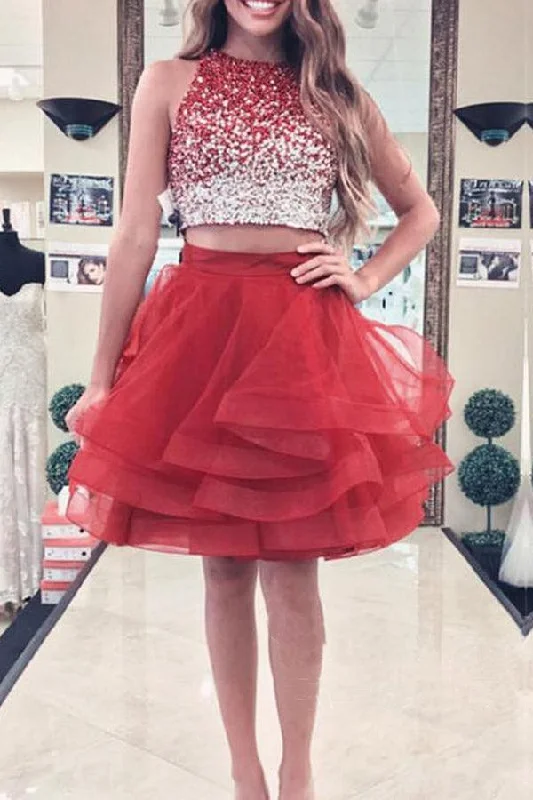 Tulle party dresses with a fairy - tale charm for formal occasions​A-line Beaded Top Burgundy Organza Two Piece Homecoming Dresses PD170