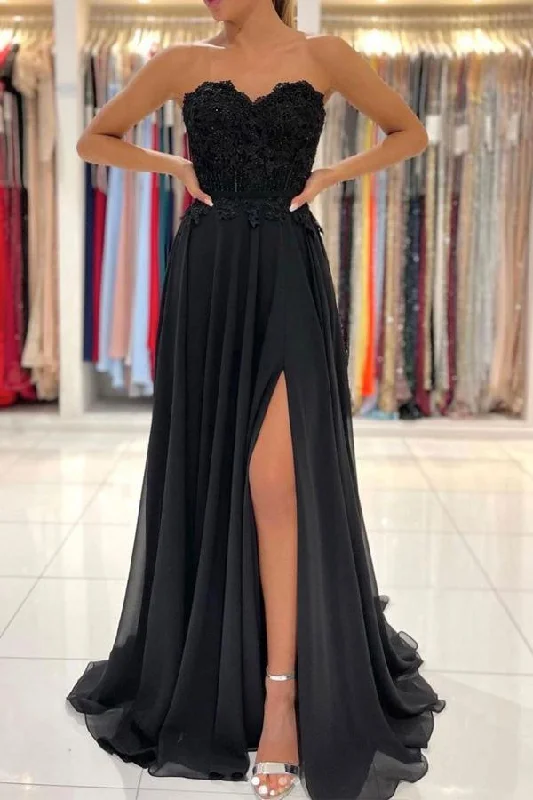 Evening party dresses with a long train for a dramatic entrance​A-line Black Sweetheart  Chiffon Lace Long Prom Dress Formal Dress  PSK260