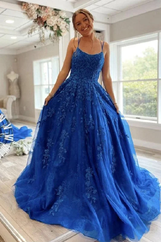Sparkly sequined party dresses for a glamorous look​A-line Blue Round Neck Lace Prom Dress Lace Up Evening Dress  PSK277