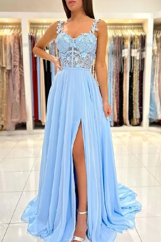 Party dresses with a tiered skirt for a fun and voluminous styleA-Line Chiffon Lace Long Prom Dress Blue Chiffon Formal Dress PSK332 Party dresses with a tiered skirt for a fun and voluminous styleA-Line Chiffon Lace Long Prom Dress Blue Chiffon Formal Dress PSK332