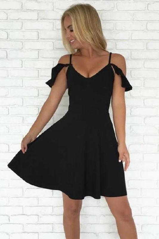 Party dresses with a one - shoulder design for a modern and unique look​A-Line Cold Shoulder Short Black Homecoming Dresses Prom Dresses PD223