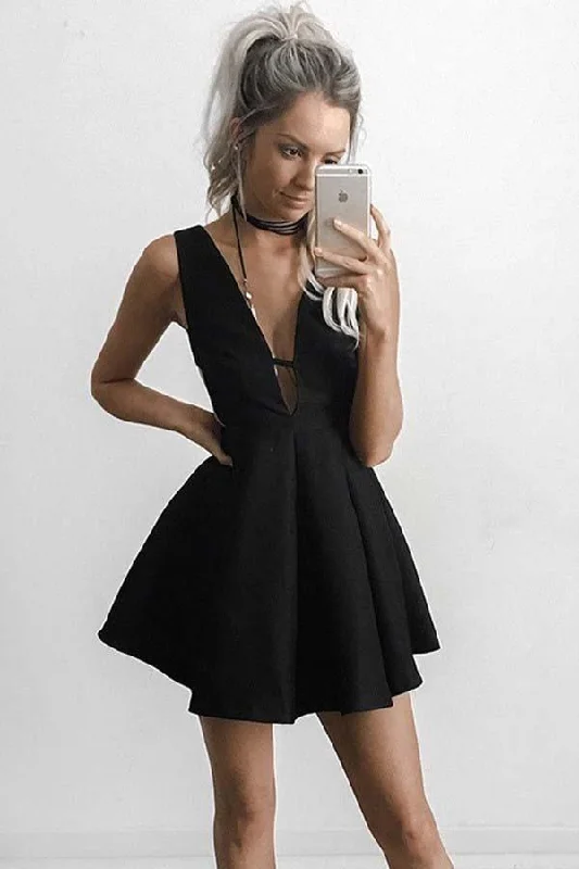 Party dresses with a bow detail for a cute and charming touch​A-Line Deep V-Neck Short Cut Out Black Satin Homecoming Dress PD149