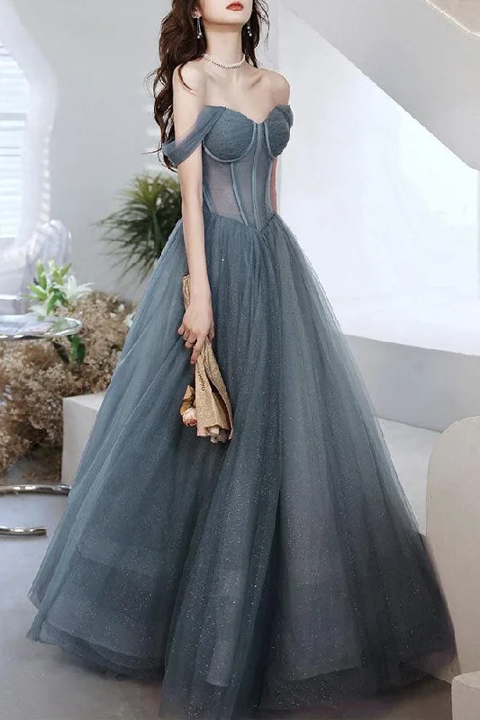 Party dresses with a sheer panel for a hint of allure​A-line Gray Tulle Long Prom Dress Off The Shoulder Evening Dress PSK287