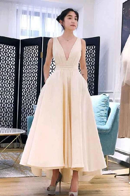 Satin party dresses with a smooth and lustrous finish​A-line High Low V Neck Short Prom Dress Homecoming Dress PG667