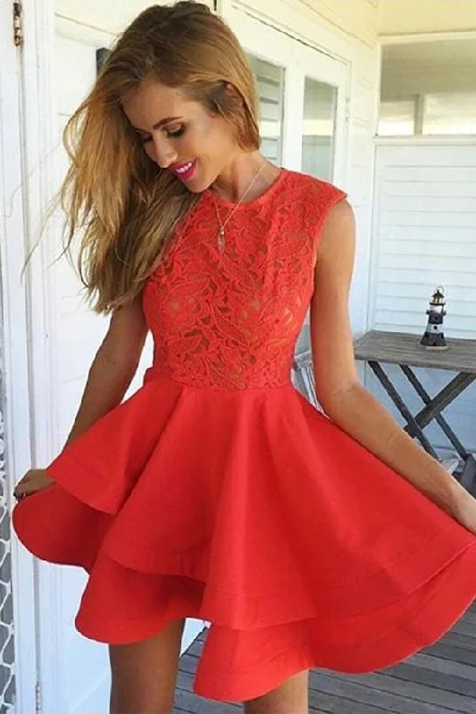 Party dresses with a denim material for a casual yet stylish lookA-Line Jewel Short Red Satin Homecoming Dress with Lace Ruffles PG117 Party dresses with a denim material for a casual yet stylish lookA-Line Jewel Short Red Satin Homecoming Dress with Lace Ruffles PG117