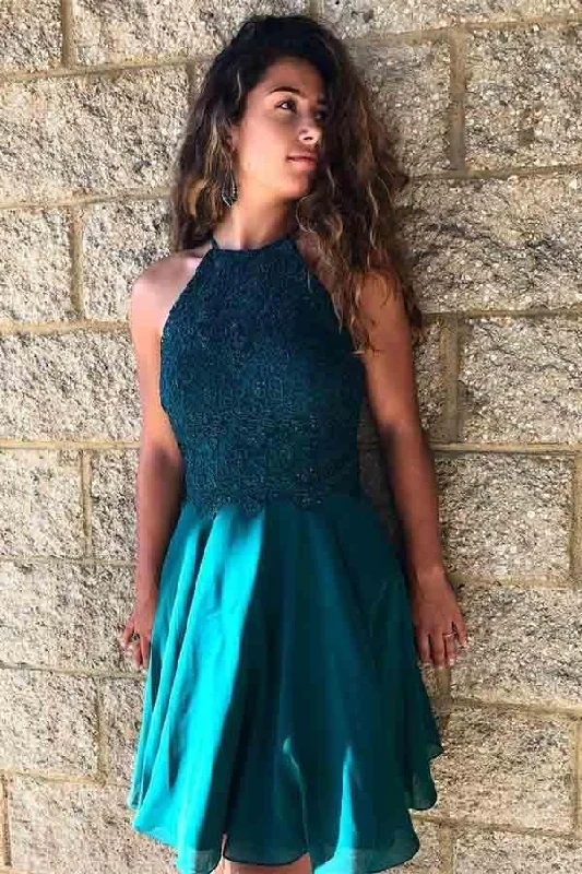 Party dresses with a tiered skirt for a fun and voluminous style​A-Line Jewel Turquoise Chiffon Homecoming Dress with Lace Beading  PD226