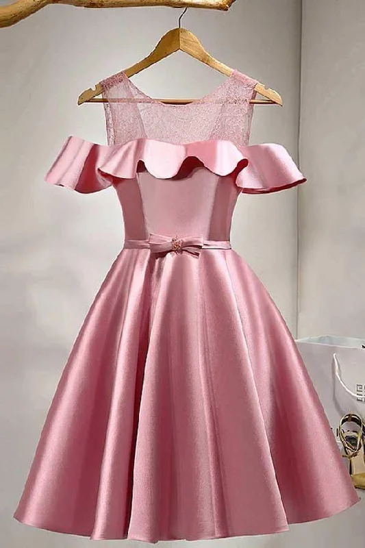 Party dresses with a unique neckline, like a sweetheart or square neck​A-Line Knee-Length Cold Shoulder Pink Satin Homecoming Dress With Lace  PD121