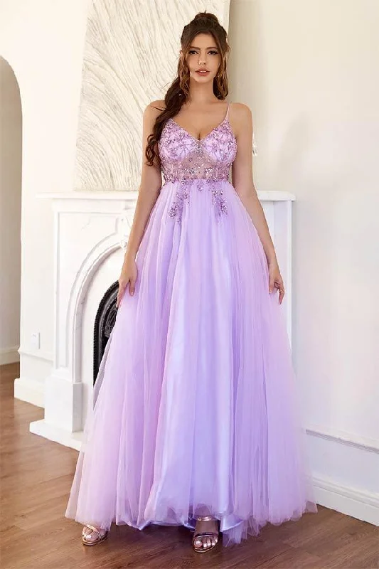 Party dresses with a mermaid silhouette for a figure - hugging fit​A-Line Lilac Tulle Split Long Prom Formal Dress With Beading PSK324