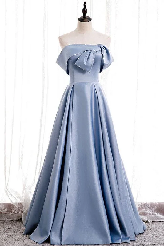 Party dresses with a metallic finish for a shiny and eye - catching effect​A-line Off-the-shoulder Beaded Satin Prom Dress  With Beading PSK288