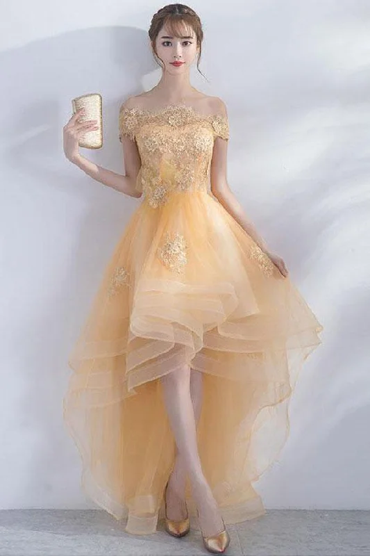 Party dresses with a unique neckline, like a sweetheart or square neck​A-line Off The Shoulder High Low Tulle Homecoming Dresses PD211