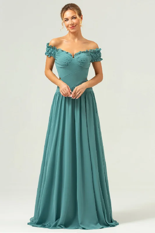 Wedding guest dresses with patchwork designs for a unique lookA-Line Off The Shoulder Pleated Chiffon Green Long Bridesmaid Dress Wedding guest dresses with patchwork designs for a unique lookA-Line Off The Shoulder Pleated Chiffon Green Long Bridesmaid Dress