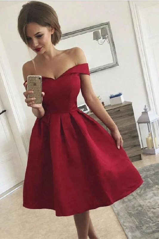 Plus - size party dresses with a flattering cut for all body typesA-Line Off-the-Shoulder Pleated Red Satin Homecoming Dress PD313 Plus - size party dresses with a flattering cut for all body typesA-Line Off-the-Shoulder Pleated Red Satin Homecoming Dress PD313
